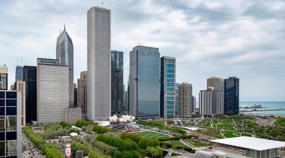 Aerial of Downtown Chicago overlooking Millennium Park