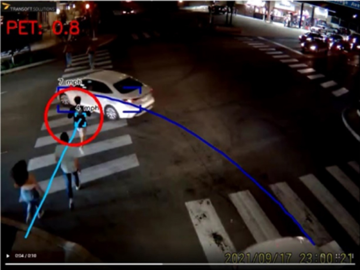 Nighttime still photo from traffic cam at intersection with a car and people in crosswalk. 