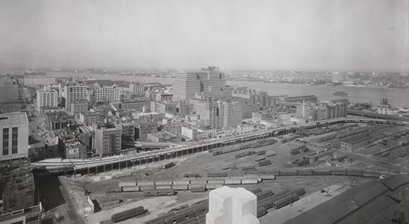 Old black & white photo of the Hudson Rail Yards.