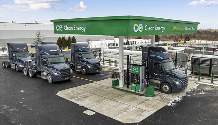 Semi Trucks filling up with clean energy natural gas