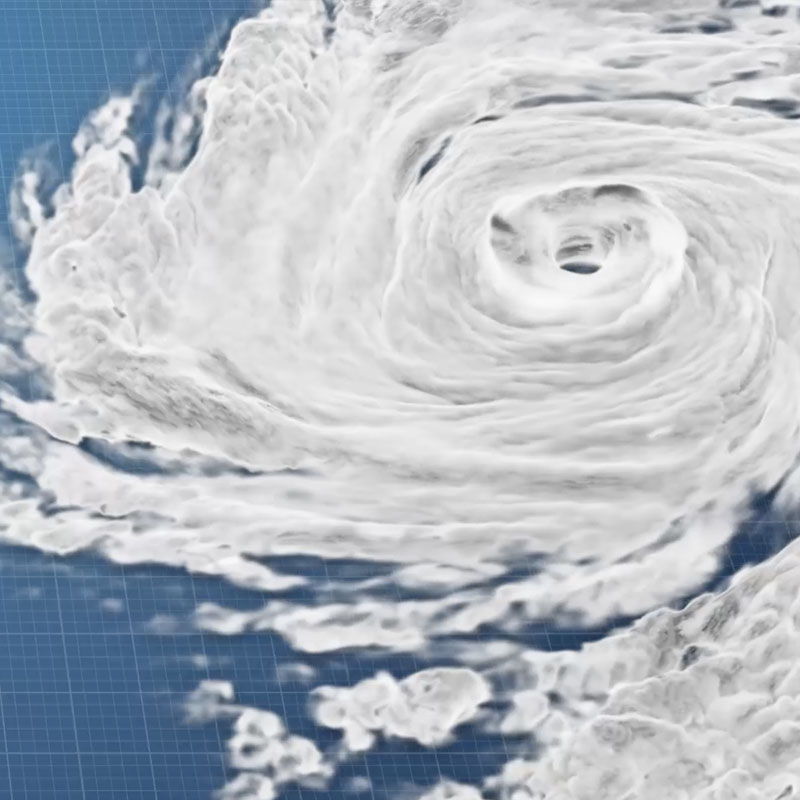 Graphic illustration of a swirling hurricane with a well-defined eye, shown over a blue grid background.